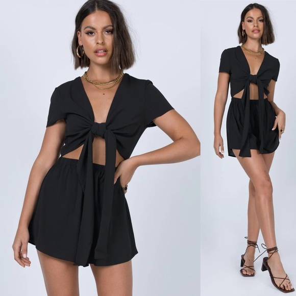 Princess Polly Ragnar Black Tie Front Cutout V Neck Romper - Picture 12 of 12